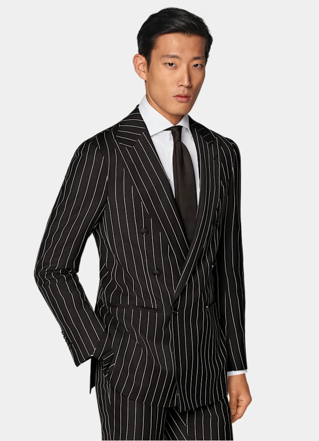 SUITSUPPLY Verano Lana, seda y lino de E.Thomas, Italia Traje Havana marrón oscuro a rayas corte Tailored