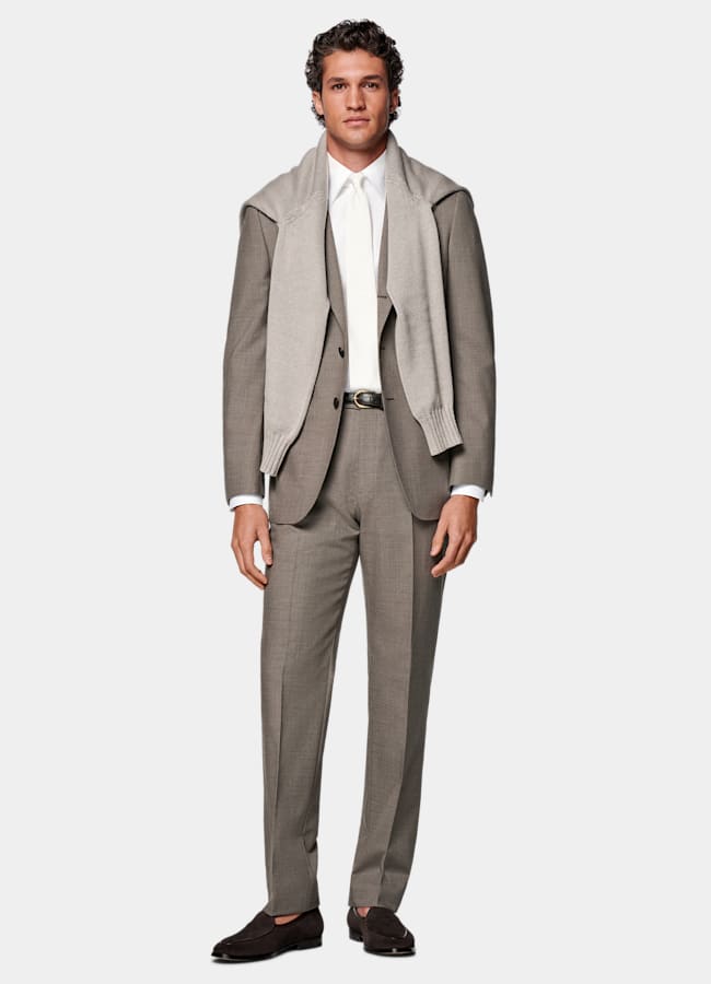 SUITSUPPLY All Season Wrinkle-Free 4-Ply Wool by Rogna, Italy Taupe Tailored Fit Havana Suit