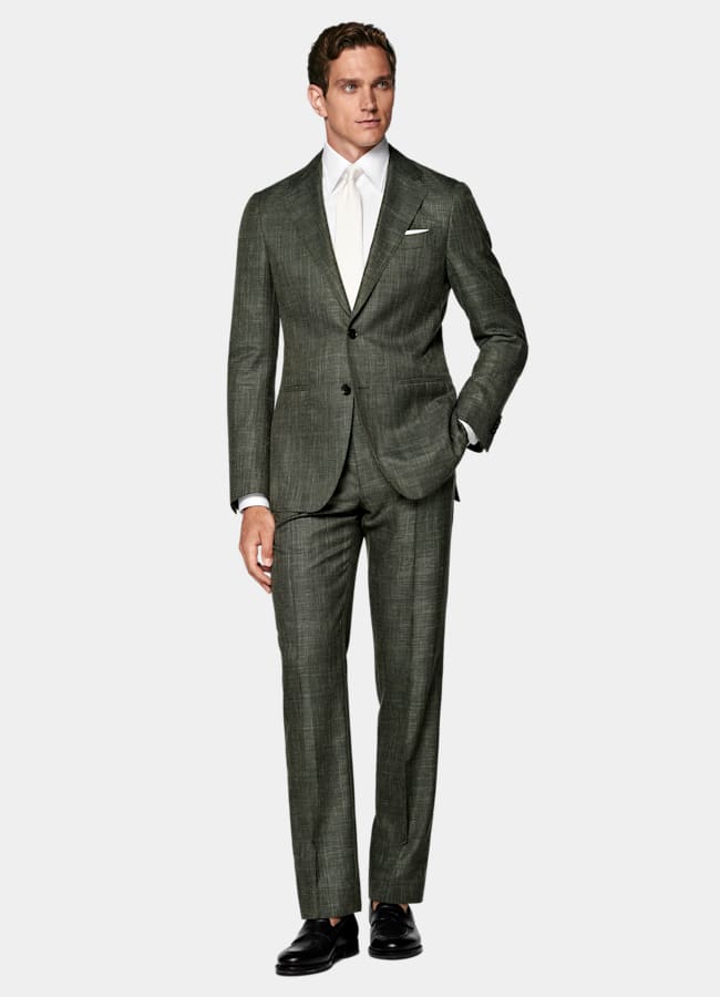 SUITSUPPLY Spring/Summer Wool Silk Linen by E.Thomas, Italy Dark Green Tailored Fit Havana Suit