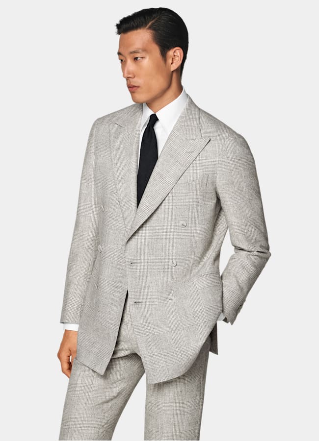 SUITSUPPLY Winter Alpaca Wool Polyamide by Ferla, Italy Light Grey Checked Tailored Fit Havana Suit