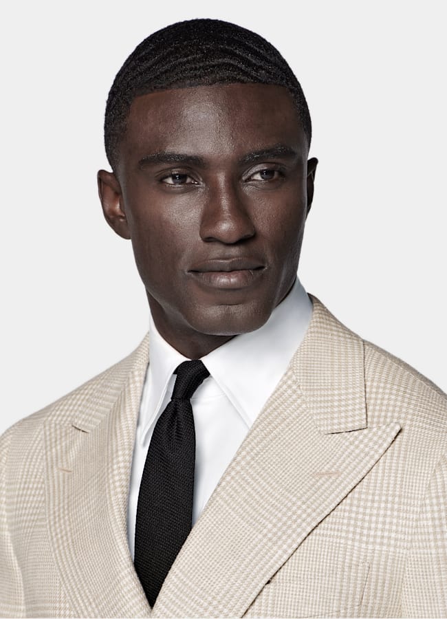 SUITSUPPLY Frühjahr/Sommer Leinen Baumwolle Seide Wolle von Ferla, Italien Sandfarbenes kariertes Havana-Sakko Tailored Fit