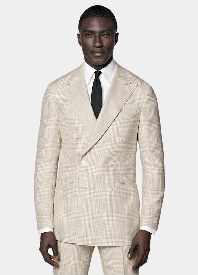 SUITSUPPLY Frühjahr/Sommer Leinen Baumwolle Seide Wolle von Ferla, Italien Sandfarbenes kariertes Havana-Sakko Tailored Fit