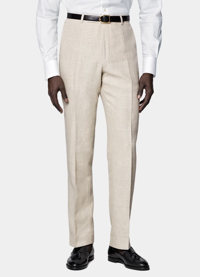 SUITSUPPLY Frühjahr/Sommer Leinen Baumwolle Seide Wolle von Ferla, Italien Sandfarbenes kariertes Havana-Sakko Tailored Fit