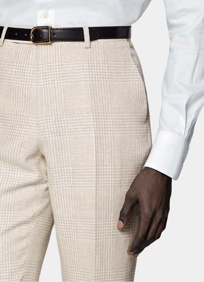 SUITSUPPLY Frühjahr/Sommer Leinen Baumwolle Seide Wolle von Ferla, Italien Sandfarbenes kariertes Havana-Sakko Tailored Fit