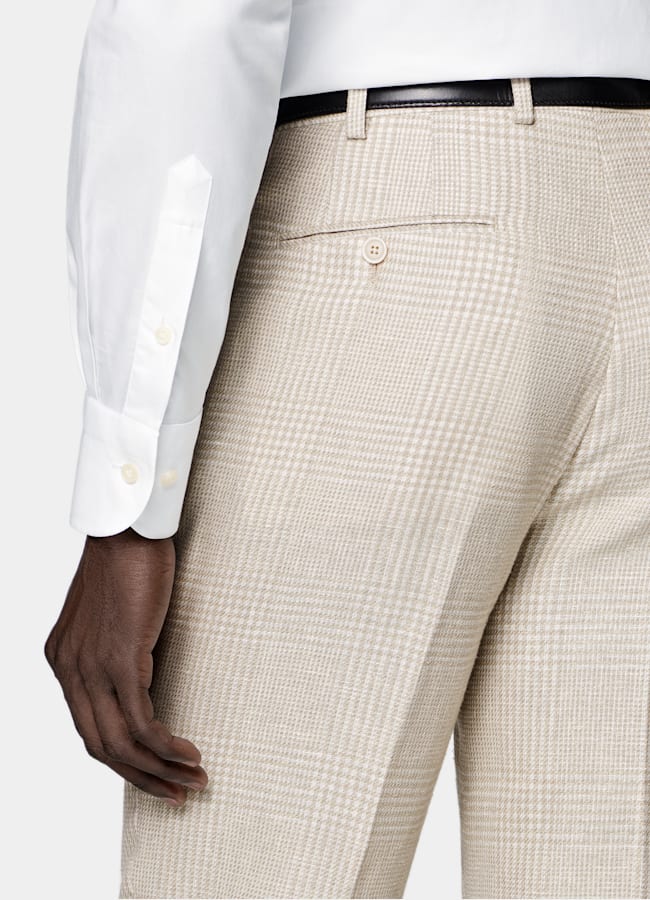 SUITSUPPLY Frühjahr/Sommer Leinen Baumwolle Seide Wolle von Ferla, Italien Sandfarbenes kariertes Havana-Sakko Tailored Fit