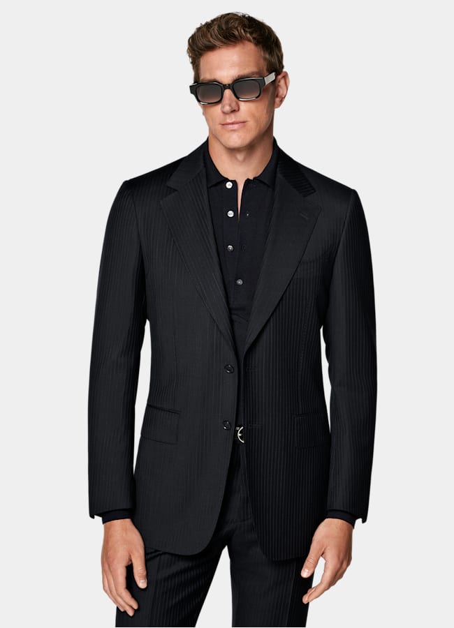 SUITSUPPLY All Season Pure S130's Wool by Carlo Barbera, Italy Navy Striped Tailored Fit Milano Suit