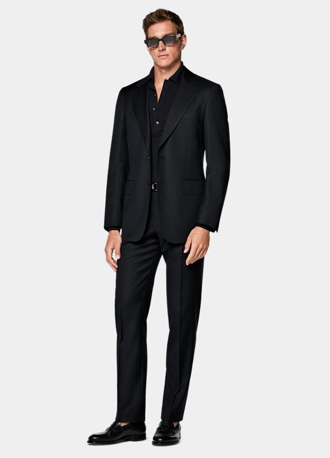 SUITSUPPLY All Season Pure S130's Wool by Carlo Barbera, Italy Navy Striped Tailored Fit Milano Suit