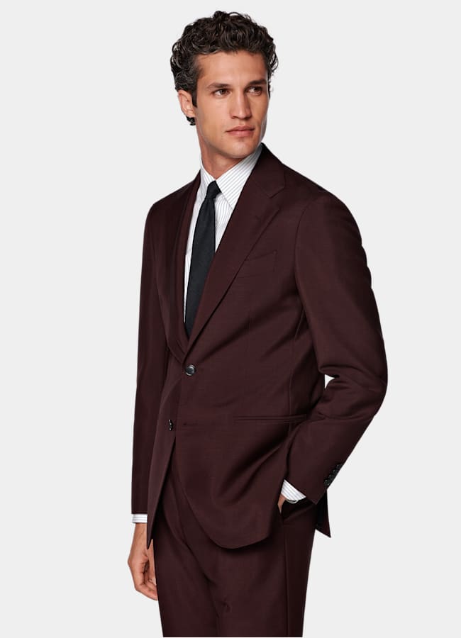 SUITSUPPLY All Season Wool Mohair by Vitale Barberis Canonico, Italy Burgundy Tailored Fit Havana Suit