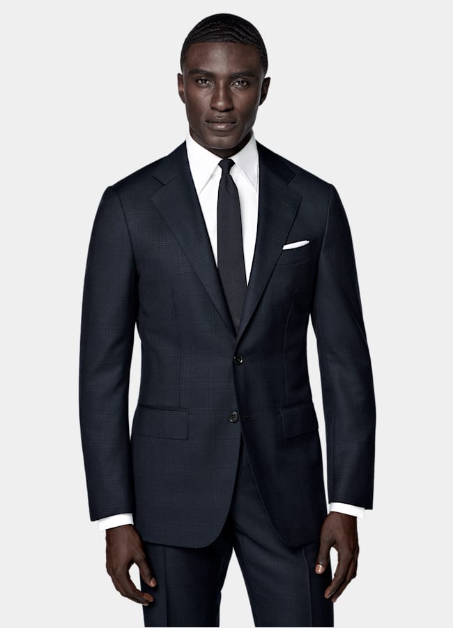 SUITSUPPLY All Season Wrinkle-Free 4-Ply Wool by Lanificio Ermenegildo Zegna, Italy Navy Checked Tailored Fit Havana Suit
