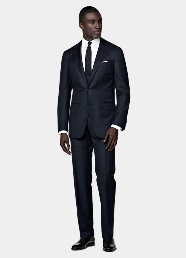 SUITSUPPLY All Season Wrinkle-Free 4-Ply Wool by Lanificio Ermenegildo Zegna, Italy Navy Checked Tailored Fit Havana Suit