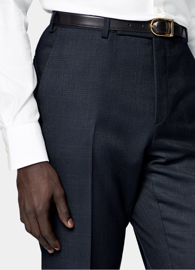 SUITSUPPLY All Season Wrinkle-Free 4-Ply Wool by Lanificio Ermenegildo Zegna, Italy Navy Checked Tailored Fit Havana Suit