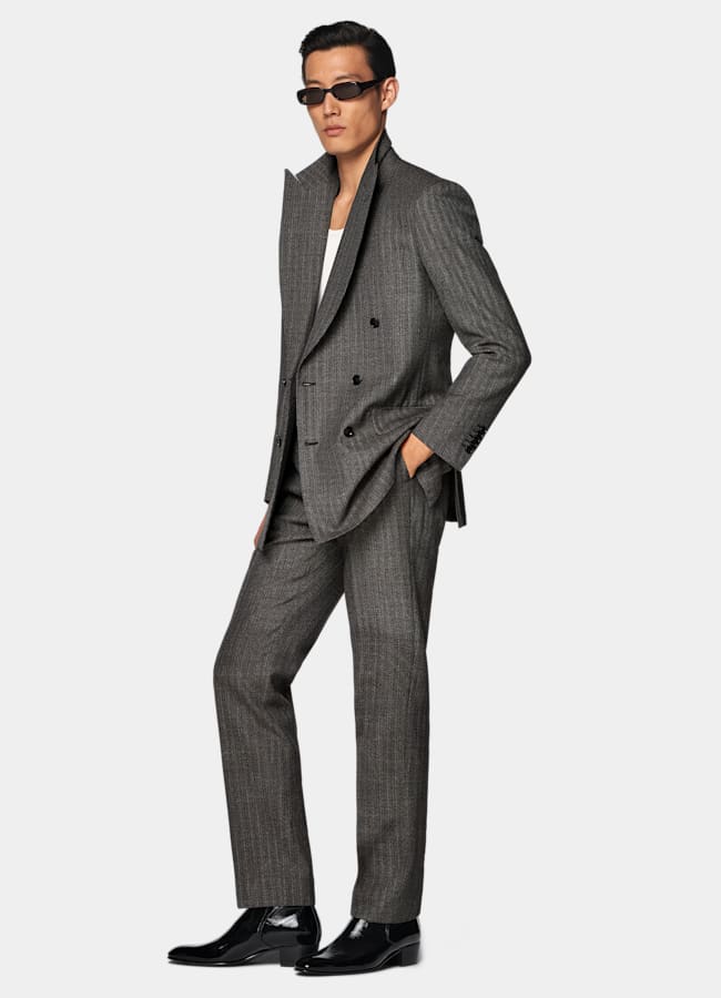 SUITSUPPLY All Season Wool Mohair by Rogna, Italy Dark Brown Striped Tailored Fit Milano Suit