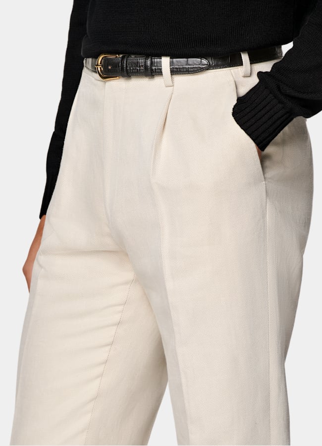 SUITSUPPLY Summer Cotton Linen by Di Sondrio, Italy Sand Wide Leg Tapered Trousers