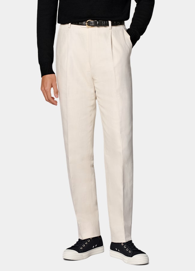 SUITSUPPLY Summer Cotton Linen by Di Sondrio, Italy Sand Wide Leg Tapered Trousers