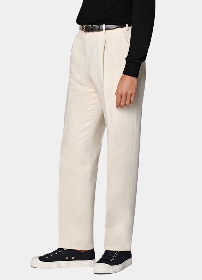 SUITSUPPLY Summer Cotton Linen by Di Sondrio, Italy Sand Wide Leg Tapered Trousers