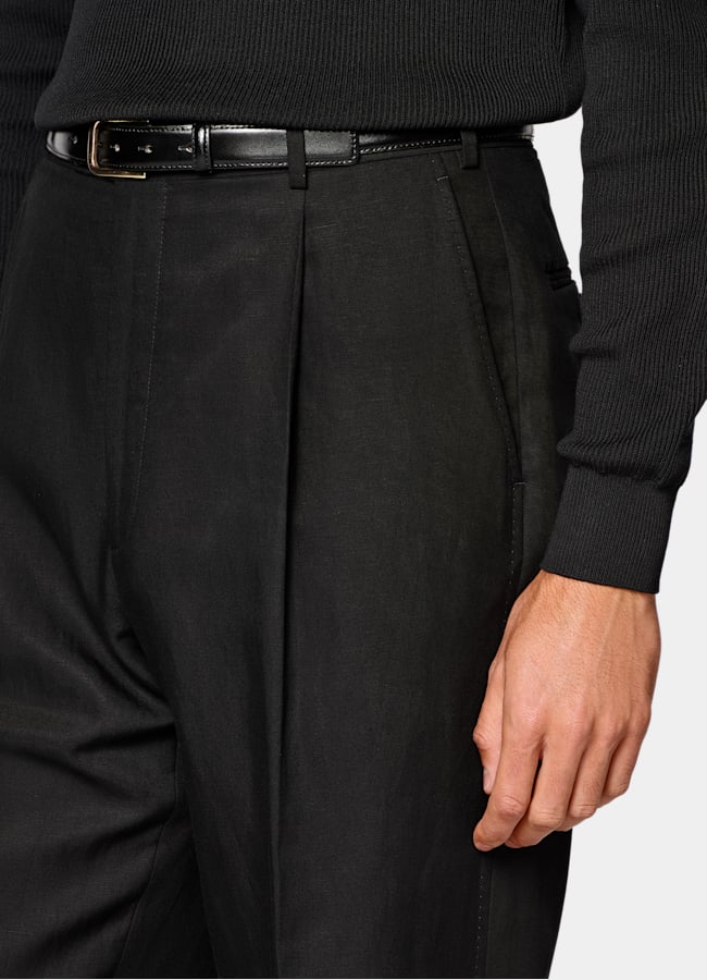 SUITSUPPLY Summer Lyocell Linen Cotton by Di Sondrio, Italy Black Wide Leg Straight Trousers