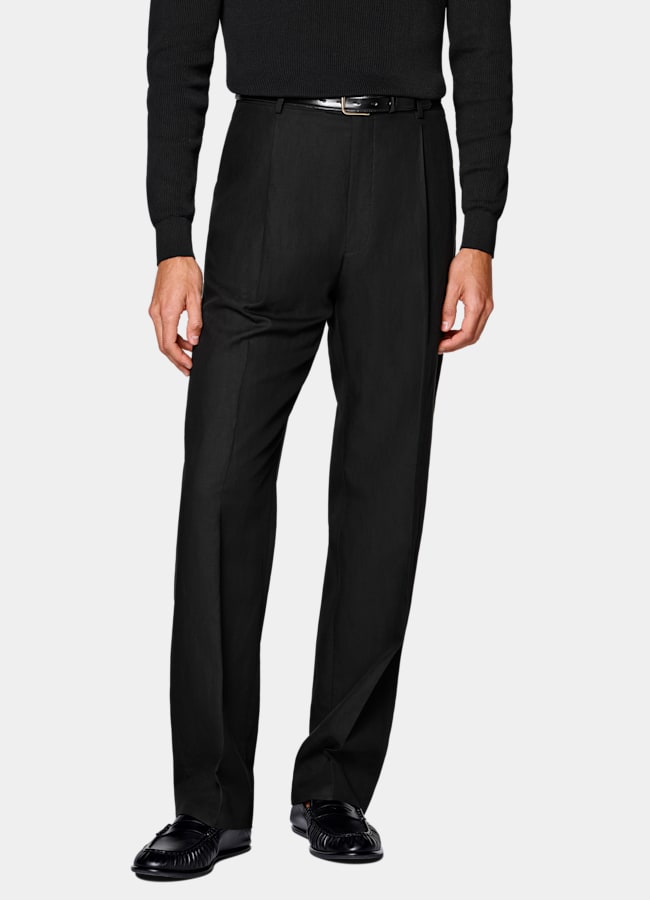 SUITSUPPLY Summer Lyocell Linen Cotton by Di Sondrio, Italy Black Wide Leg Straight Trousers