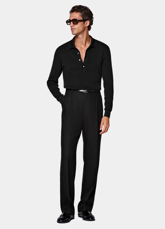 SUITSUPPLY Summer Lyocell Linen Cotton by Di Sondrio, Italy Black Wide Leg Straight Trousers