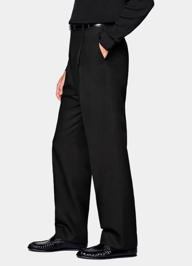 SUITSUPPLY Summer Lyocell Linen Cotton by Di Sondrio, Italy Black Wide Leg Straight Trousers