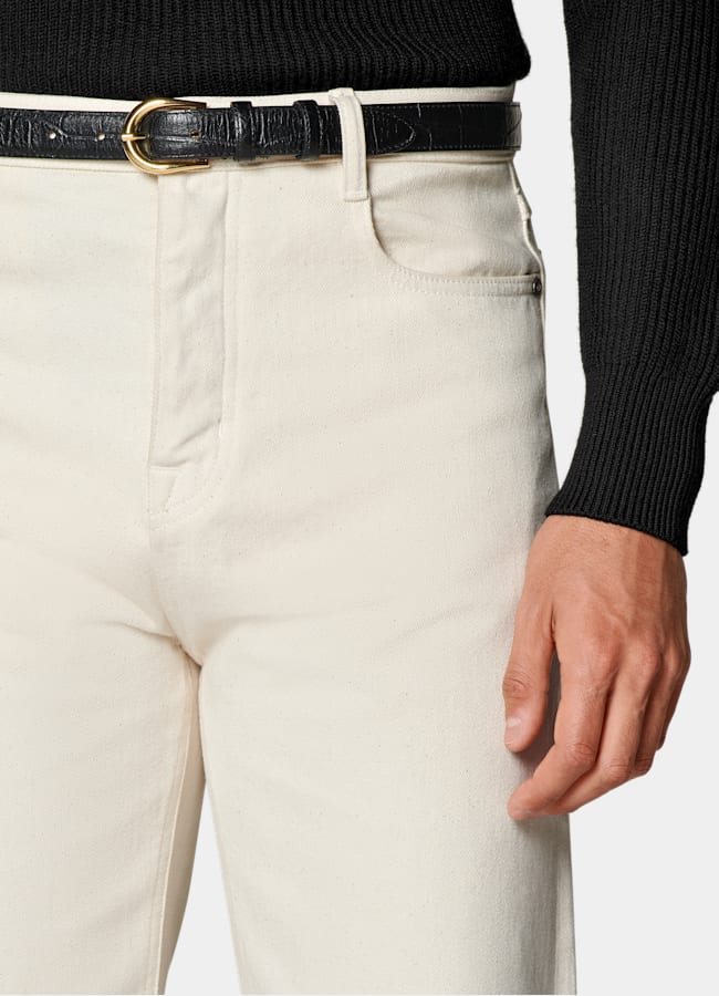 SUITSUPPLY All Season Selvedge Denim by Candiani, Italy Off-White Straight Leg Tapered Jeans