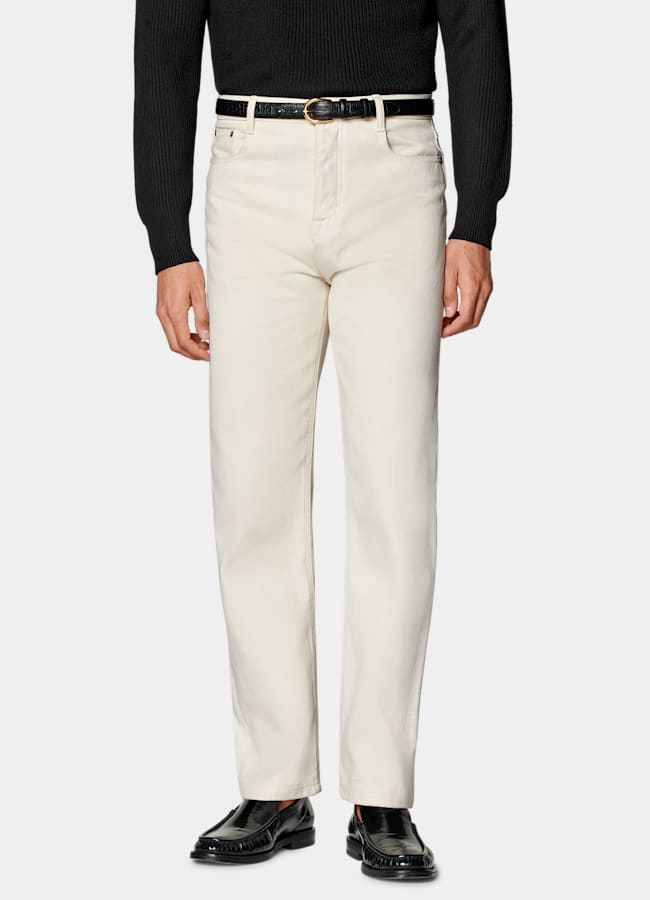SUITSUPPLY All Season Selvedge Denim by Candiani, Italy Off-White Straight Leg Tapered Jeans