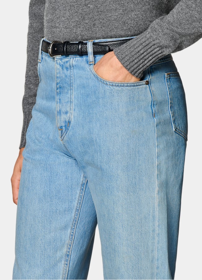 SUITSUPPLY All Season Selvedge Denim by Candiani, Italy Light Blue Straight Leg Tapered Jeans