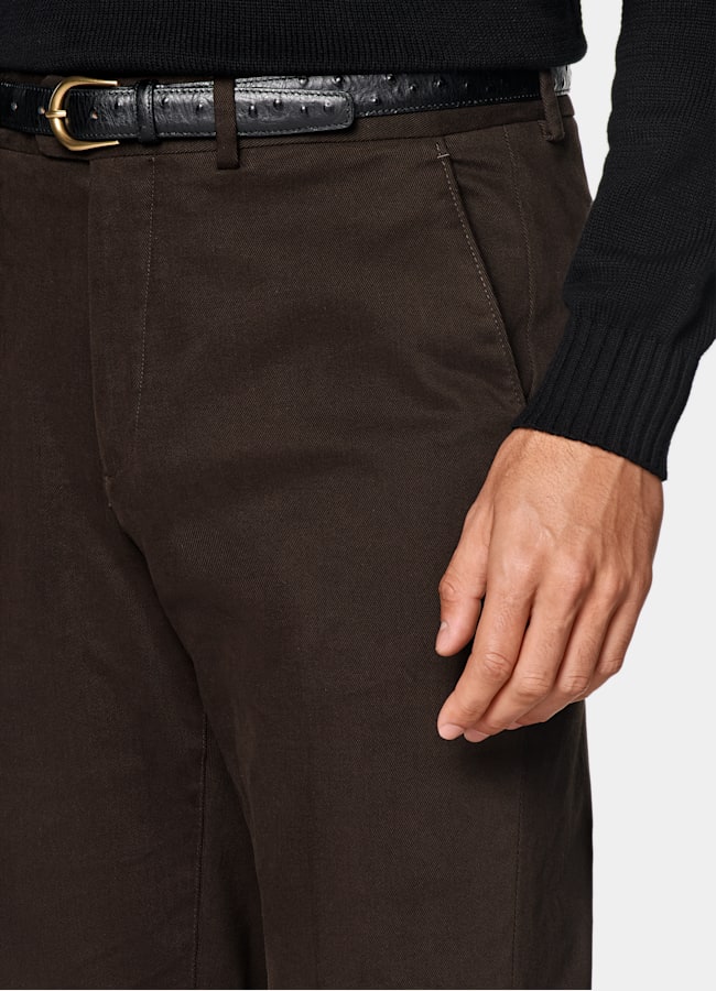 SUITSUPPLY All Season Stretch Cotton by Cervotessile, Italy Dark Brown Slim Leg Straight Chinos