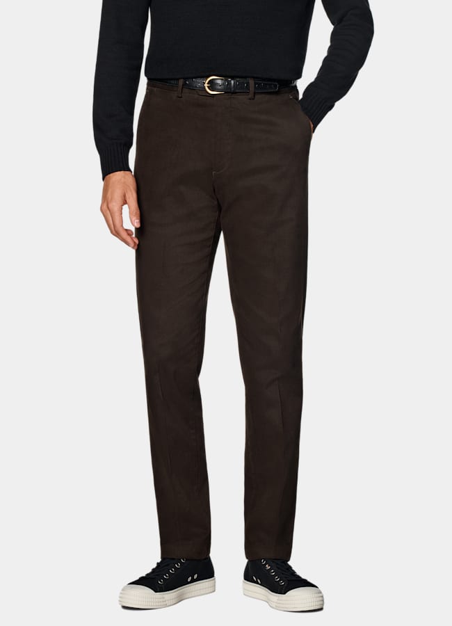 SUITSUPPLY All Season Stretch Cotton by Cervotessile, Italy Dark Brown Slim Leg Straight Chinos