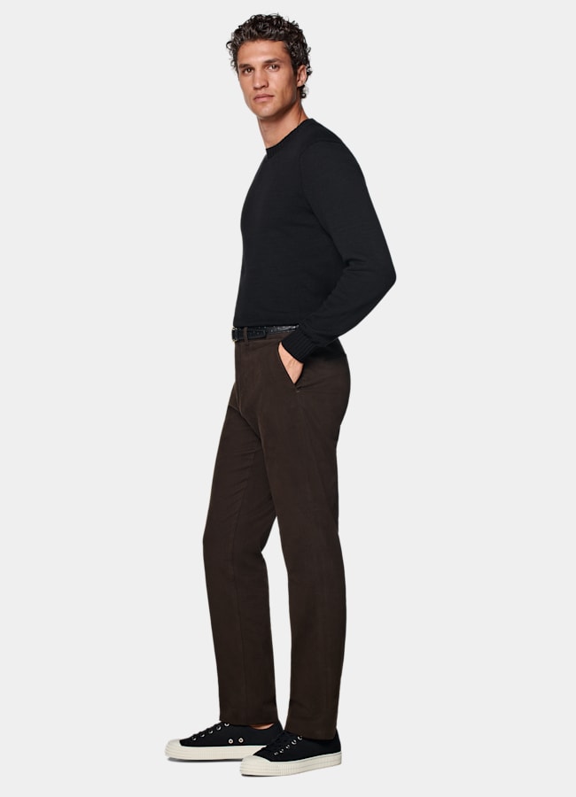 SUITSUPPLY All Season Stretch Cotton by Cervotessile, Italy Dark Brown Slim Leg Straight Chinos