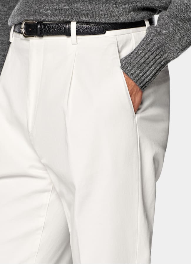 SUITSUPPLY All Season Stretch Cotton by Cervotessile, Italy Off-White Wide Leg Tapered Chinos