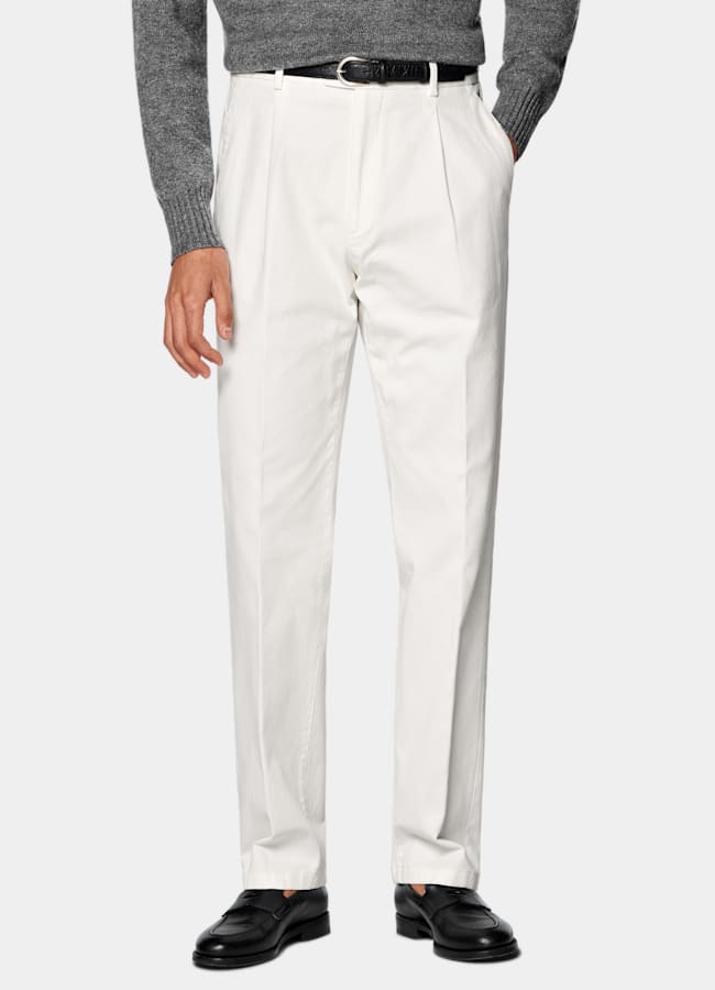SUITSUPPLY All Season Stretch Cotton by Cervotessile, Italy Off-White Wide Leg Tapered Chinos