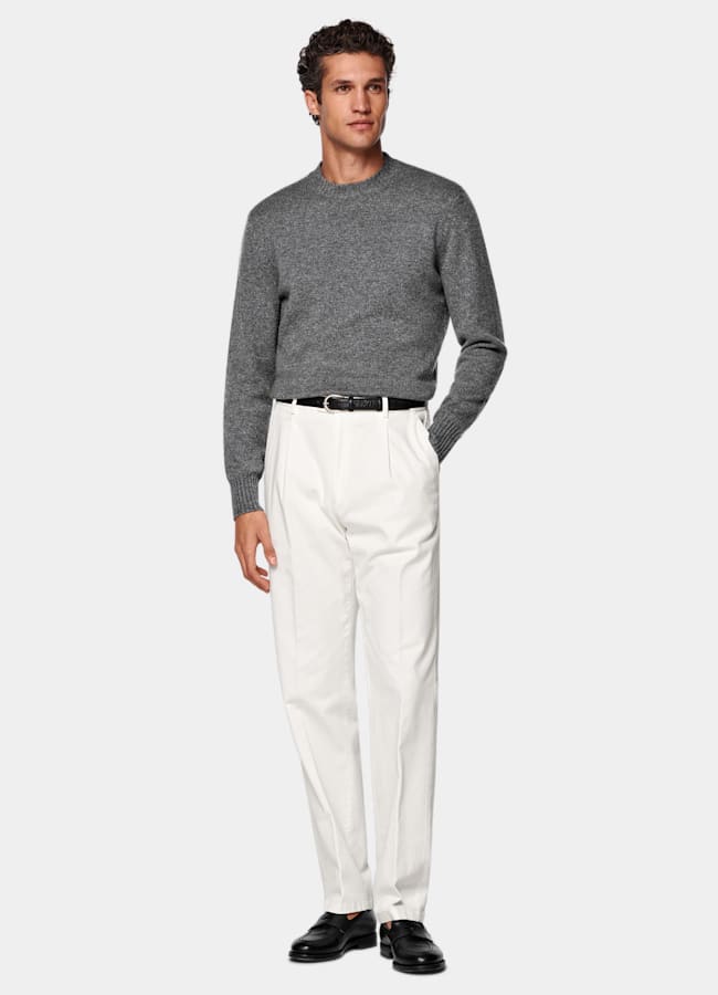 SUITSUPPLY All Season Stretch Cotton by Cervotessile, Italy Off-White Wide Leg Tapered Chinos