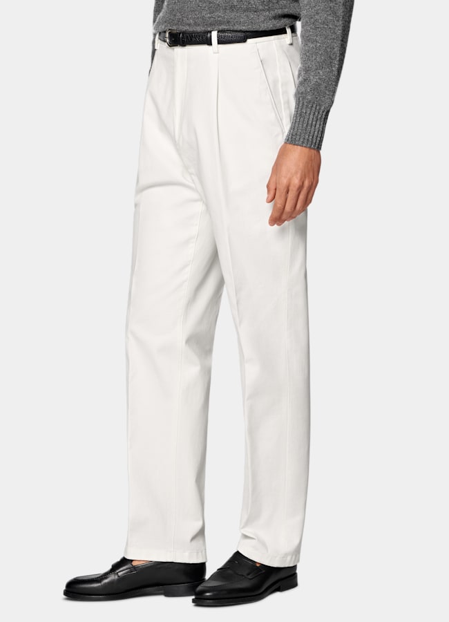 SUITSUPPLY All Season Stretch Cotton by Cervotessile, Italy Off-White Wide Leg Tapered Chinos