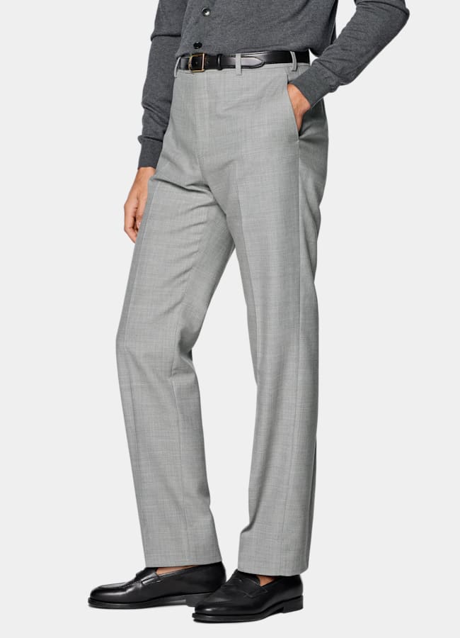 SUITSUPPLY All Season Wrinkle-Free Wool by Rogna, Italy Light Grey Straight Leg Trousers