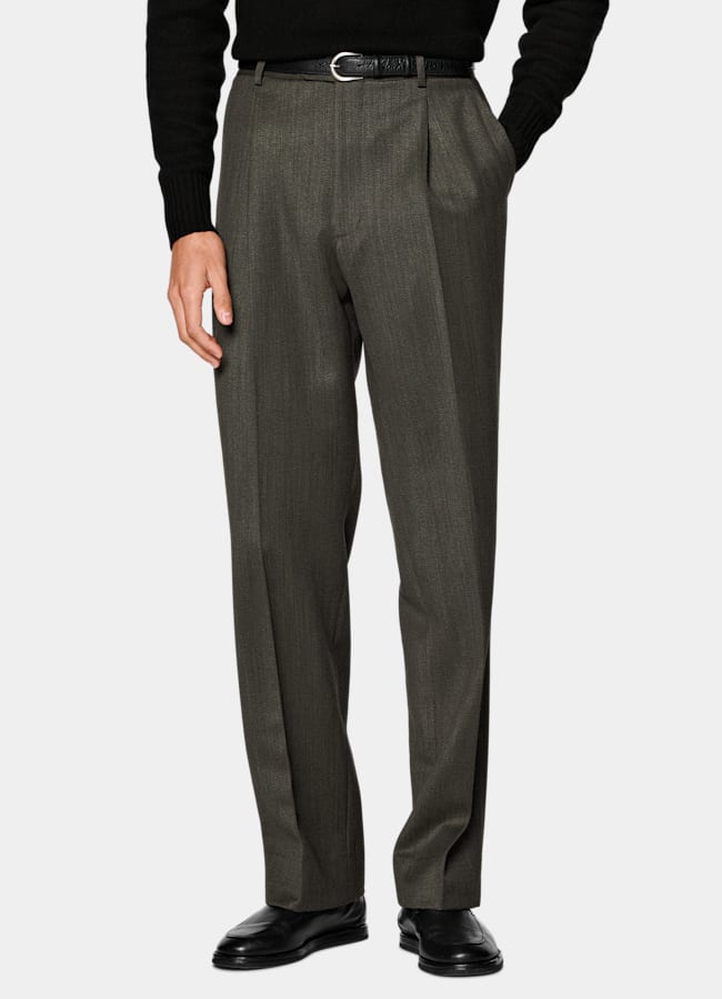 SUITSUPPLY Winter Pure Wool by Vitale Barberis Canonico, Italy Green Wide Leg Straight Trousers