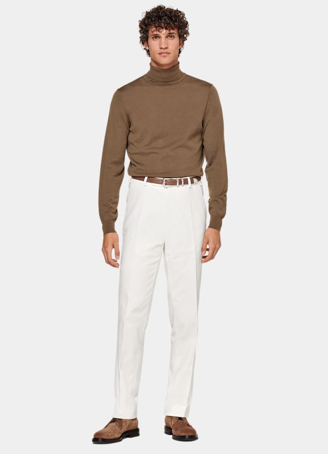 SUITSUPPLY Winter Stretch Cotton by Di Sondrio, Italy  Off-White Straight Leg Pants