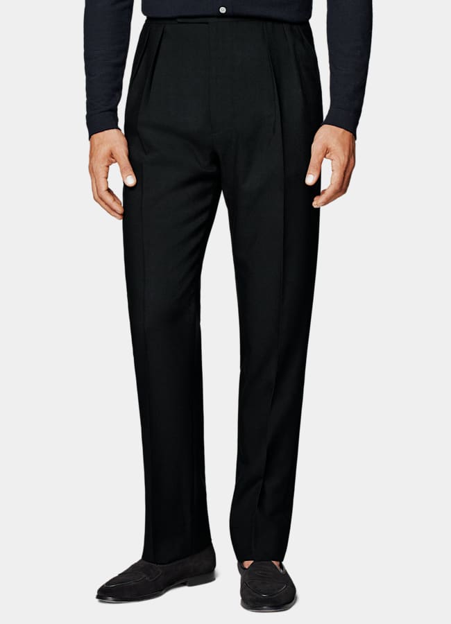 SUITSUPPLY All Season Wrinkle-Free 4-Ply Wool by Rogna, Italy  Black Wide Leg Tapered Pants