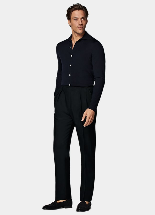 SUITSUPPLY All Season Wrinkle-Free 4-Ply Wool by Rogna, Italy  Black Wide Leg Tapered Pants