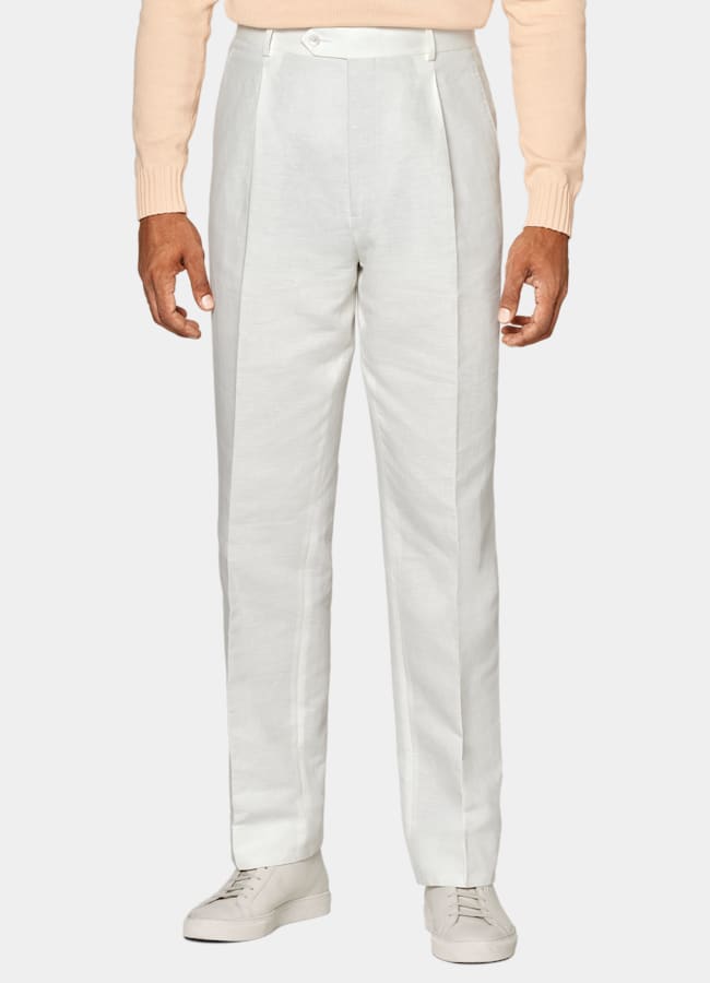 SUITSUPPLY Summer Linen Cotton by Di Sondrio, Italy White Wide Leg Straight Suit Trousers