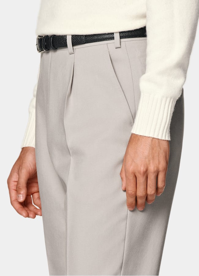 SUITSUPPLY All Season Wrinkle-Free 4-Ply Wool by Rogna, Italy Light Taupe Wide Leg Tapered Suit Trousers