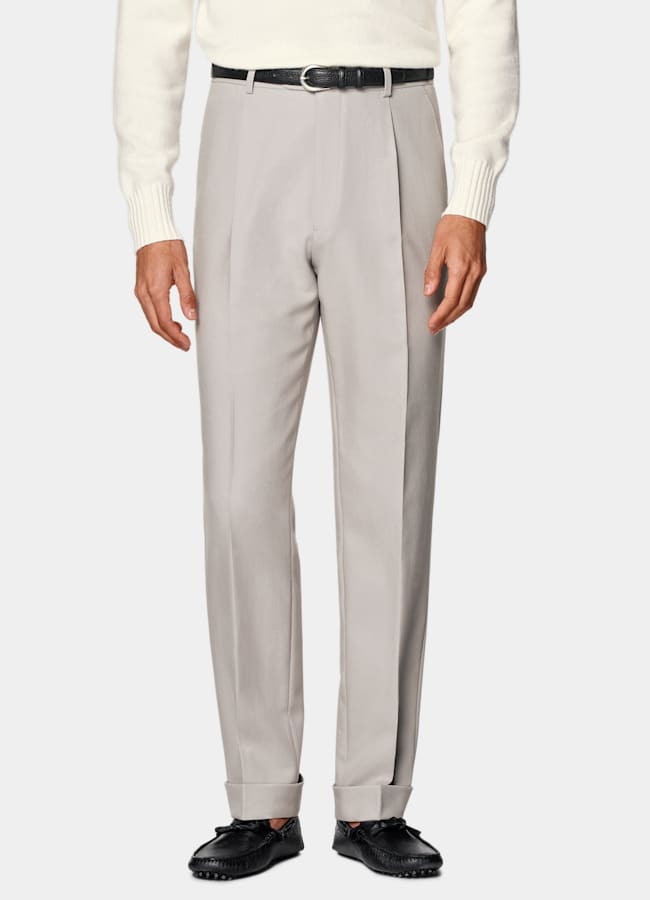 SUITSUPPLY All Season Wrinkle-Free 4-Ply Wool by Rogna, Italy Light Taupe Wide Leg Tapered Suit Trousers