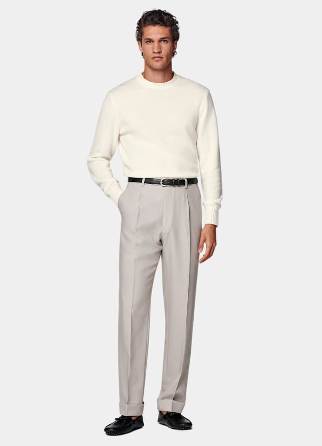 SUITSUPPLY All Season Wrinkle-Free 4-Ply Wool by Rogna, Italy Light Taupe Wide Leg Tapered Suit Trousers