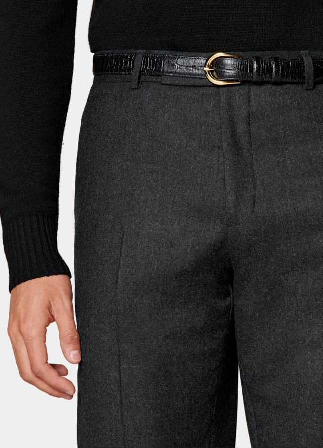 SUITSUPPLY Winter Pure S120's Wool Flannel by Vitale Barberis Canonico, Italy Dark Grey Straight Leg Suit Trousers