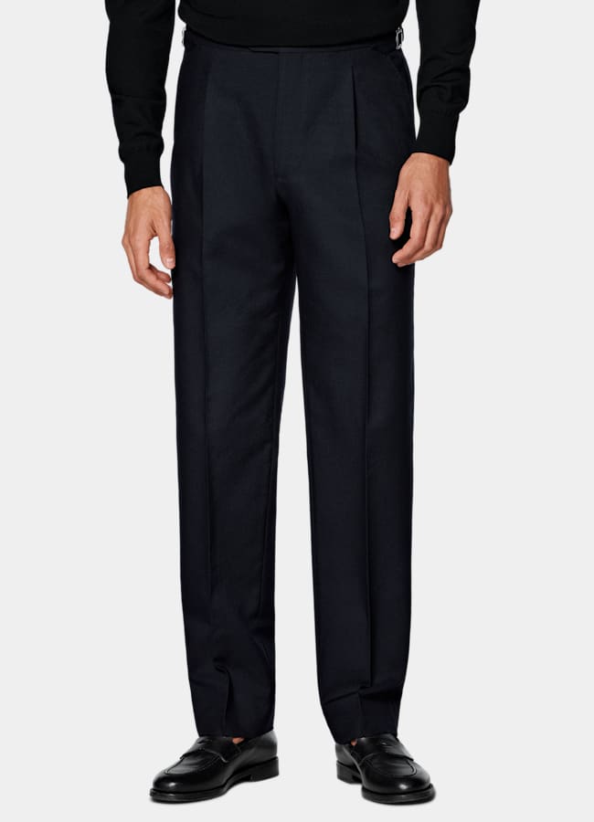 SUITSUPPLY All Season Wrinkle-Free 4-Ply Wool by Rogna, Italy Navy Wide Leg Tapered Suit Trousers