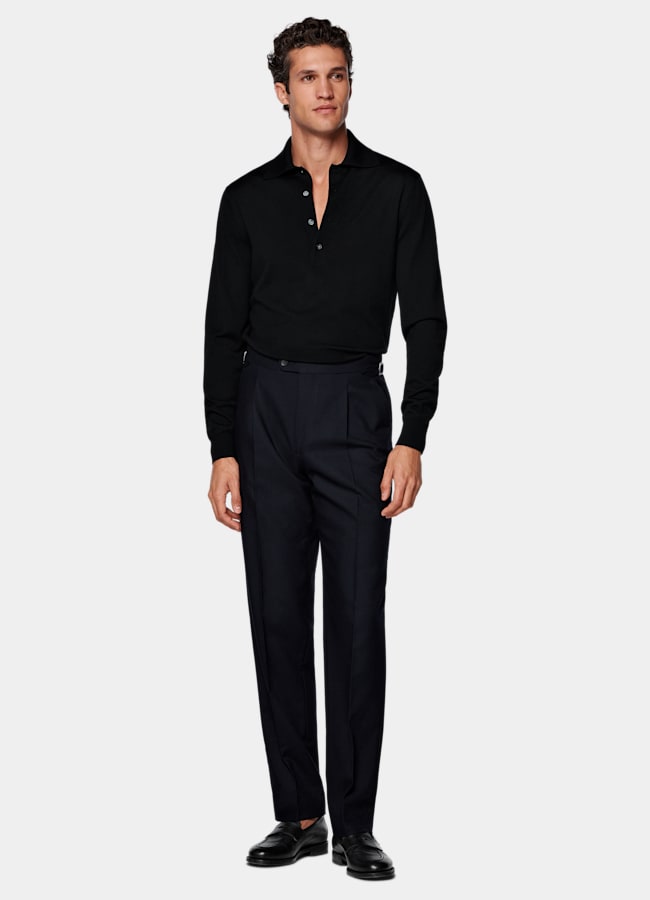 SUITSUPPLY All Season Wrinkle-Free 4-Ply Wool by Rogna, Italy Navy Wide Leg Tapered Suit Trousers