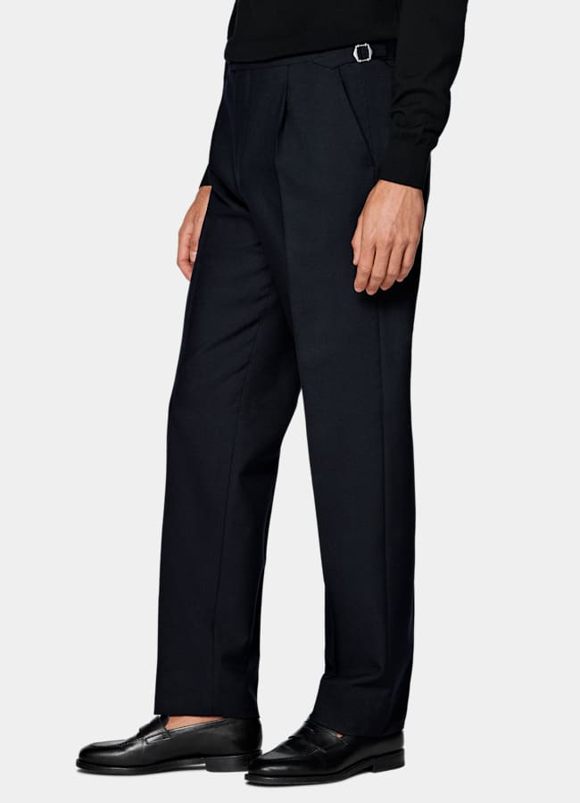 SUITSUPPLY All Season Wrinkle-Free 4-Ply Wool by Rogna, Italy Navy Wide Leg Tapered Suit Trousers