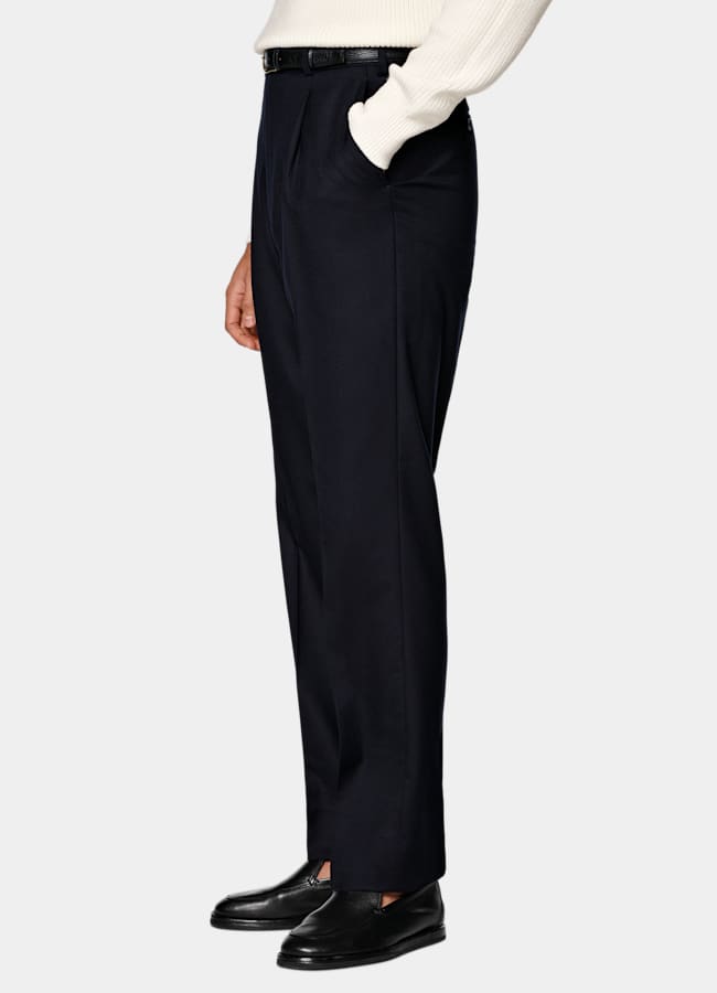 SUITSUPPLY Winter Pure S120's Wool Flannel by Vitale Barberis Canonico, Italy Navy Wide Leg Tapered Suit Trousers