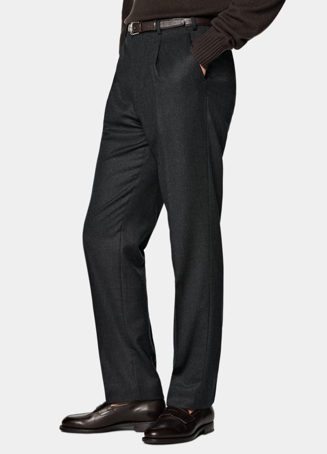 SUITSUPPLY Winter Pure S120's Wool Flannel by Vitale Barberis Canonico, Italy Dark Grey Wide Leg Tapered Suit Trousers