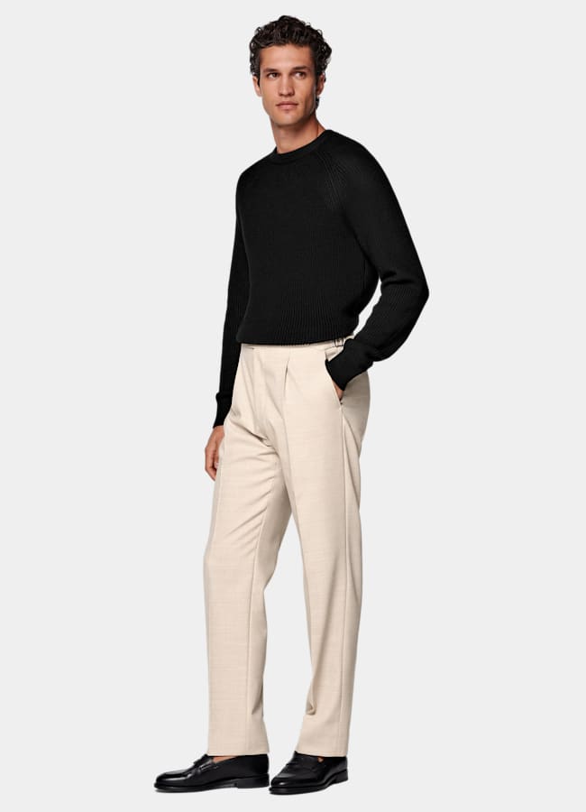 SUITSUPPLY All Season Skrynkelfri ull 4-ply från Rogna, Italien Sandfärgade wide leg tapered kostymbyxor