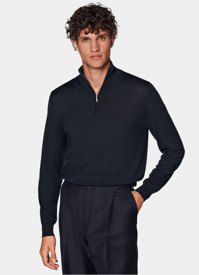 SUITSUPPLY Silk, Wool, Cashmere Navy Half Zip